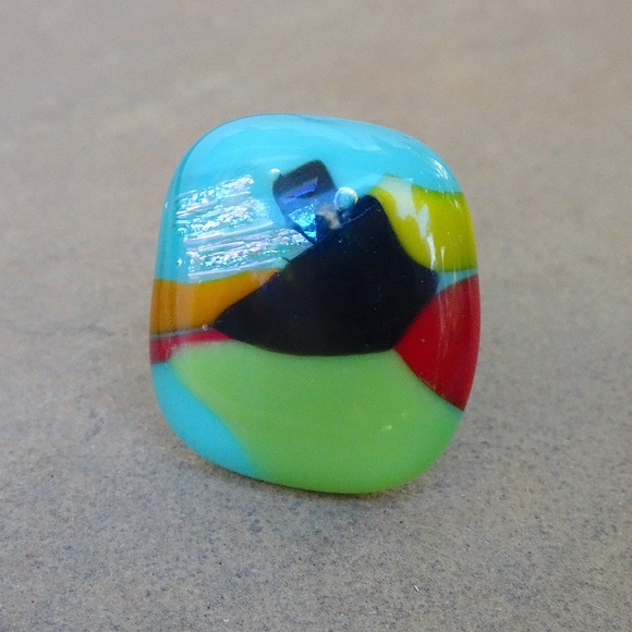 Artsy Iridescent Unique Colorful Dichroic Handblown Glass Square Statement Ring - Picture 5 of 8